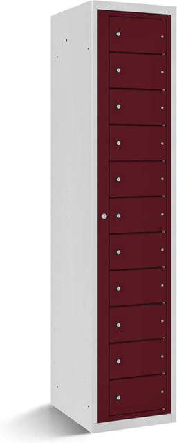 rotstahl Fächerschrank mit Zentraltür und 11 Fächern in Bordeaux mit lichtgrauem Korpus, B/T/H: 40 x 50 x 180 cm - Bild 1
