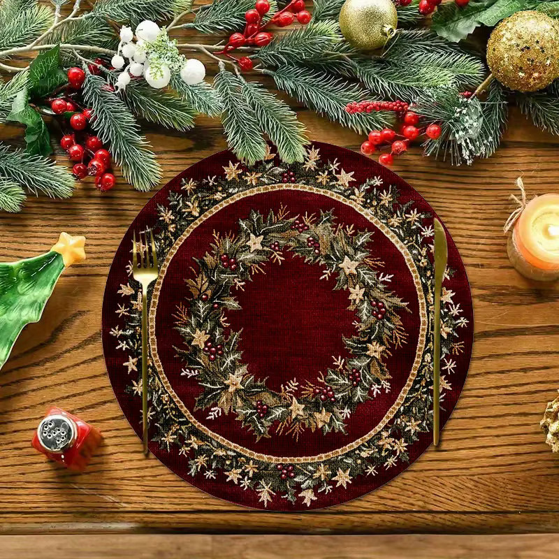VIKAMA 4er-Set Weihnachtliche Tischsets aus Leinen mit Holly Leaf und Berry Design in Rot, Rund, Durchmesser: 38 cm - Bild 2