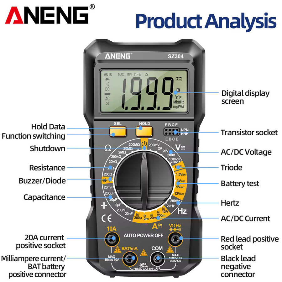 Aneng SZ304 Digitales Multimeter True RMS mit NCV Funktion für AC/DC Spannung Strom und Widerstand in Schwarz - Bild 3