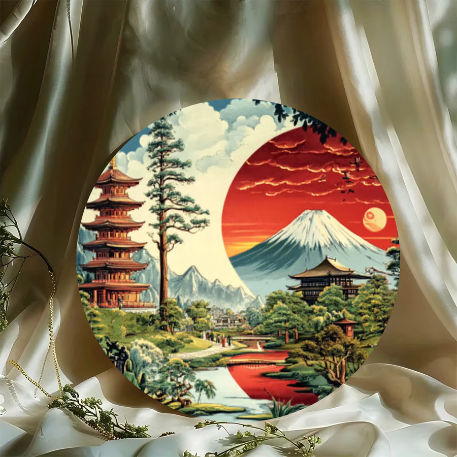 Potdemiel Vintage Wanddekoration Japanische Landschaft mit Mount Fuji, Kirschblüten und Pagode, Mehrfarbig, Durchmesser: 20 cm - Bild 3