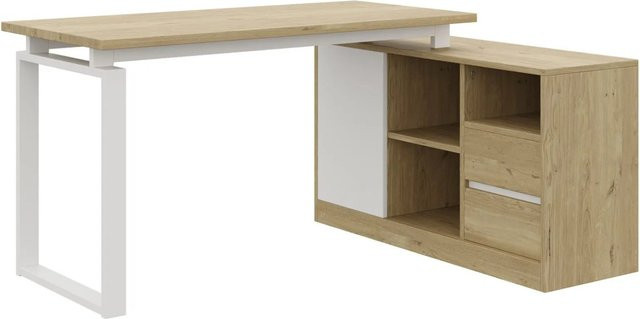 PXloue Schreibtisch in Weiß mit Schubladen und Holzoptik, B/T/H: 152 x 113,5 x 76 cm - Bild 1