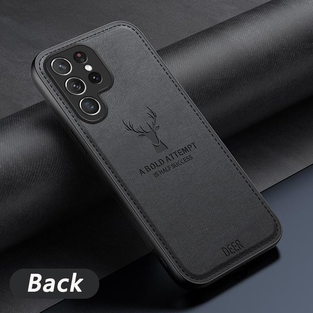 Luxus Hirschleder Hülle mit Hirschkopf-Design für Samsung Galaxy S25 S24 S23 S22 S21 A55 A54 A53 A25 A15 A16 A36 Note 20 10 9 Plus Ultra in Schwarz - Bild 1