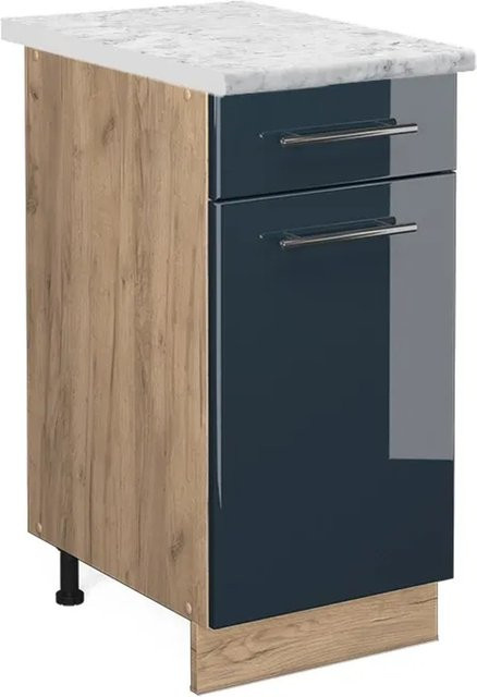 Vicco Schubunterschrank Fame-Line Eiche Dunkelblau Hochglanz mit Arbeitsplatte Weiß-Marmor Breite: 40 cm, Tiefe: 40 cm, Höhe: 82 cm - Bild 2