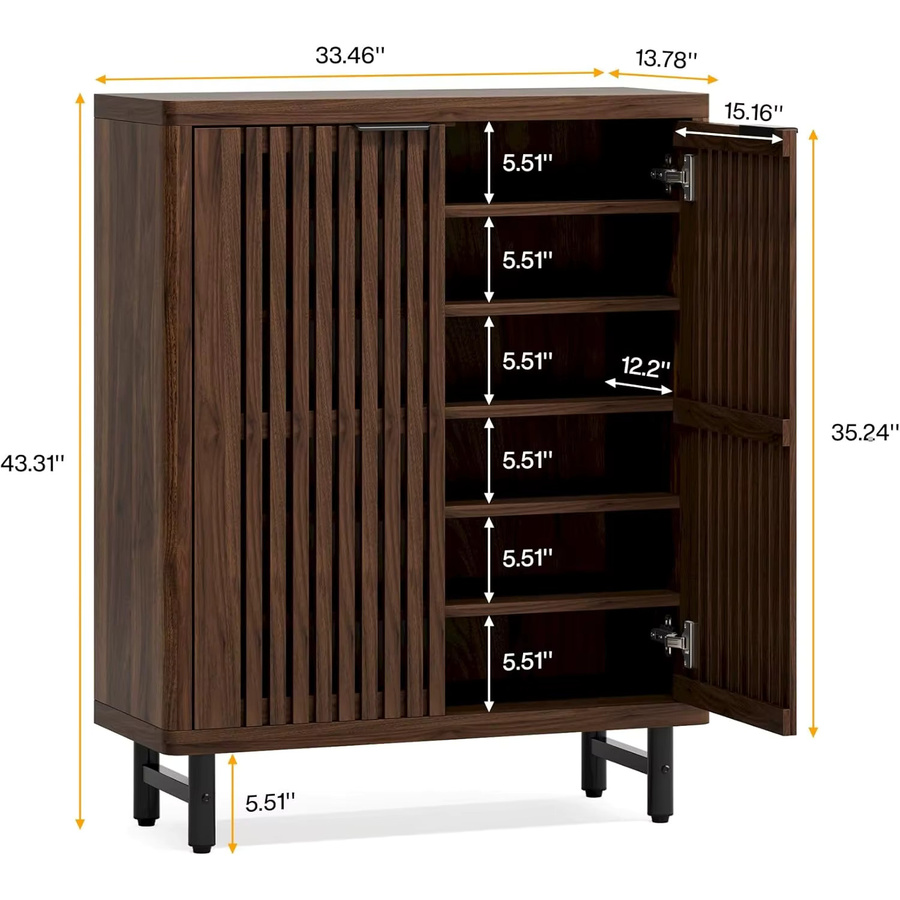 LITTLE TREE 6-stöckiger Schuhschrank aus Holz mit Türen und verstellbaren Regalen, Organizer für Flur und Eingangsbereich, Braun - Bild 2