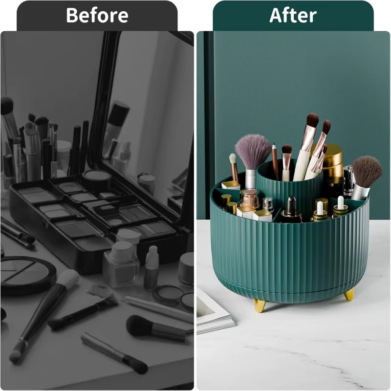 RUNTOIN Rotierender Make-up-Organizer mit 5 Fächern und Pinselhalter, Kosmetikvitrine und Schmuckbehälter aus Kunststoff in Pink oder Green - Bild 4