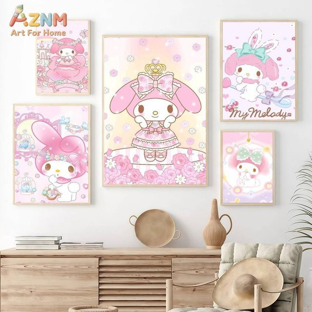 AZNM My Melody Sanrio Leinwand-Wandkunst, rosa Cartoon-Kaninchen mit Blumen-Motiv, ungerahmtes Textil-Poster - Bild 1