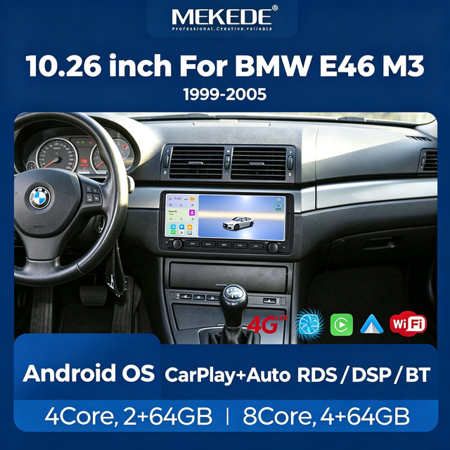 MEKEDE UE Stock IPS 10,26-Zoll kabelloses Autoradio mit CarPlay und Android Auto Touchscreen für BMW E46 M3 318 320 325 330 335, 2-DIN-Stereo-Multimedia-Videoplayer mit GPS-Navigation und 4G, Schwarz - Bild 1