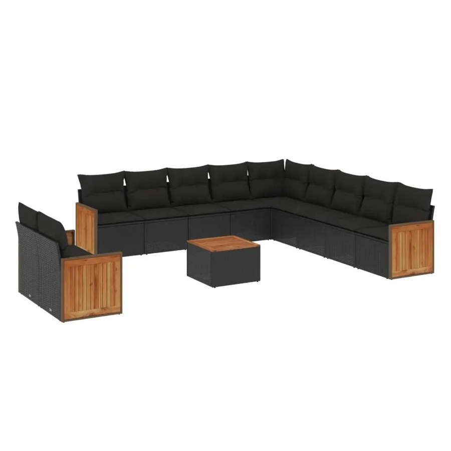 vidaXL 12-teilige Garten-Sofagarnitur aus Poly-Rattan und Akazienholz in Schwarz mit Kissen - Bild 2