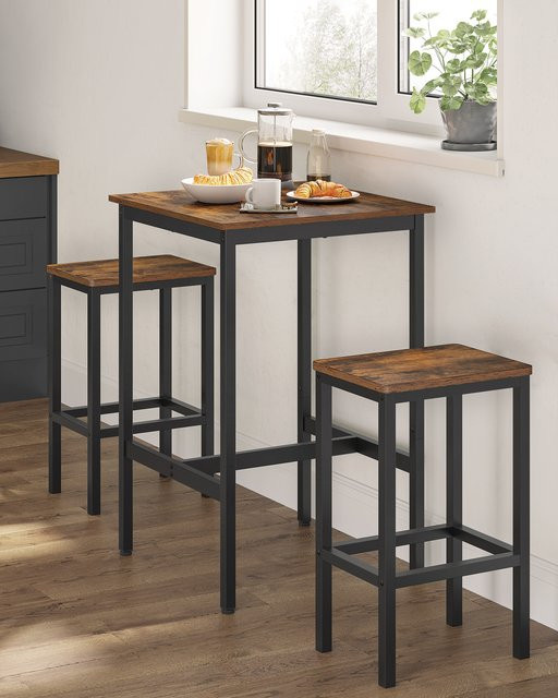 VASAGLE Esstisch-Set mit 2 Barhockern in Braun-Schwarz, kleiner Küchentisch aus Spanplatte und Stahl - Bild 1