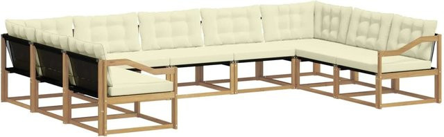 vidaXL Outdoor-Sofagarnitur 9-tlg. in L-Form aus Akazienholz mit Textilene und Kissen, Weiß und Beige - Bild 1