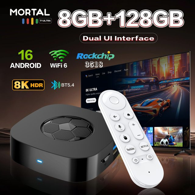 MORTAL T1 Ultra TV-Box 8K Ultra HD mit Android 16, 8GB RAM, 128GB Speicher, Dual-UI-Schnittstelle und Wi-Fi 6 in Schwarz - Bild 1