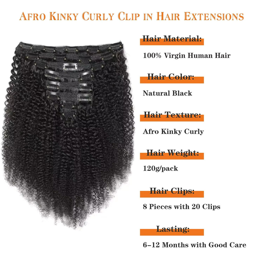 Dula A Hair Clip-In Haarverlängerungen Afro Kinky Locken, 8 Stück, 120g, Damen - Bild 2