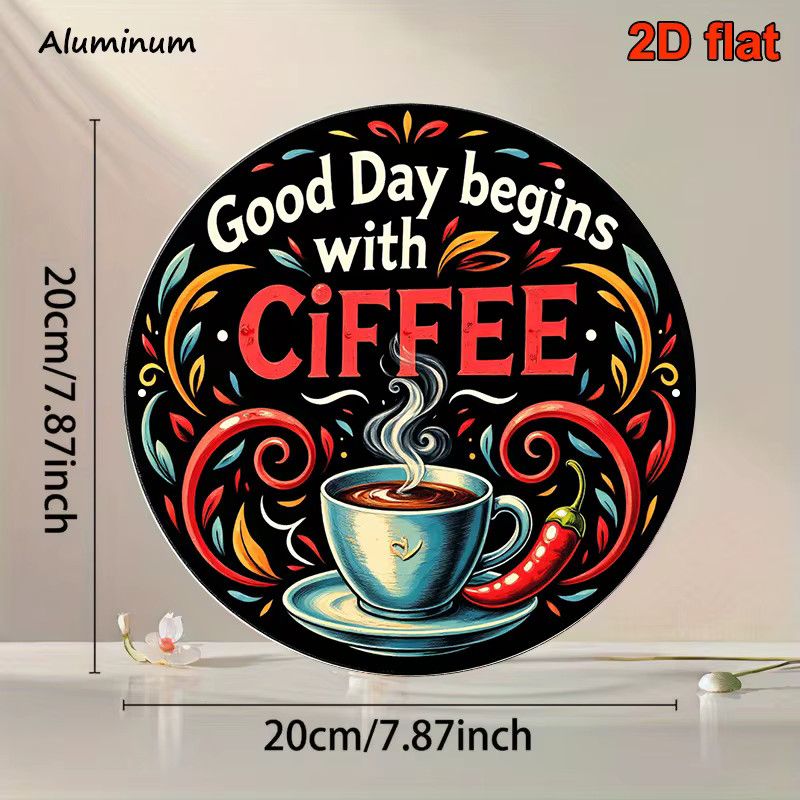 Potdemiel Rundes Aluminiumschild Guten Tag beginnt mit Kaffee Vintage Blumen Wanddekoration Multicolor Durchmesser: 20,32 cm - Bild 2