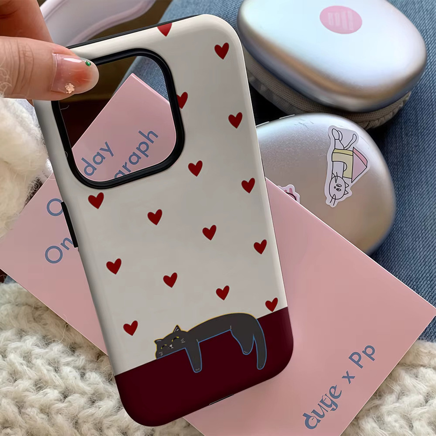 Potdemiel Magnetische Handyhülle mit Rotes Herz und Schwarze Katze für iPhone 17 16 15 14 13 Pro Max Plus, Robuste Ein- und Doppelschicht-Schutzhülle, Rot/Schwarz/Mehrfarbig - Bild 5