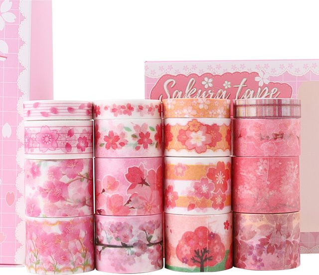 16 Rollen Washi-Tape Set mit Kirschblüten-Motiv in Pink und Lila zur Buchdekoration - Bild 1