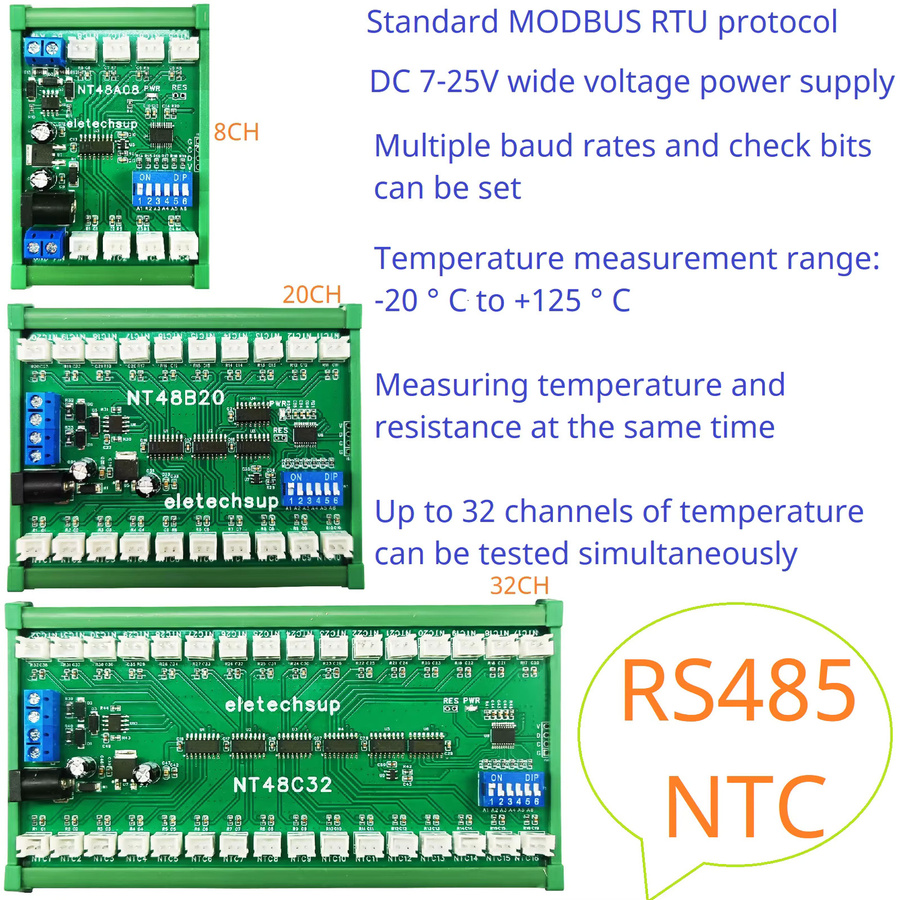 Eletechsup 32-Kanal RS485 Temperaturrekorder mit Modbus RTU und B3950 NTC Sensor zur Widerstandsmessung in Grün - Bild 2