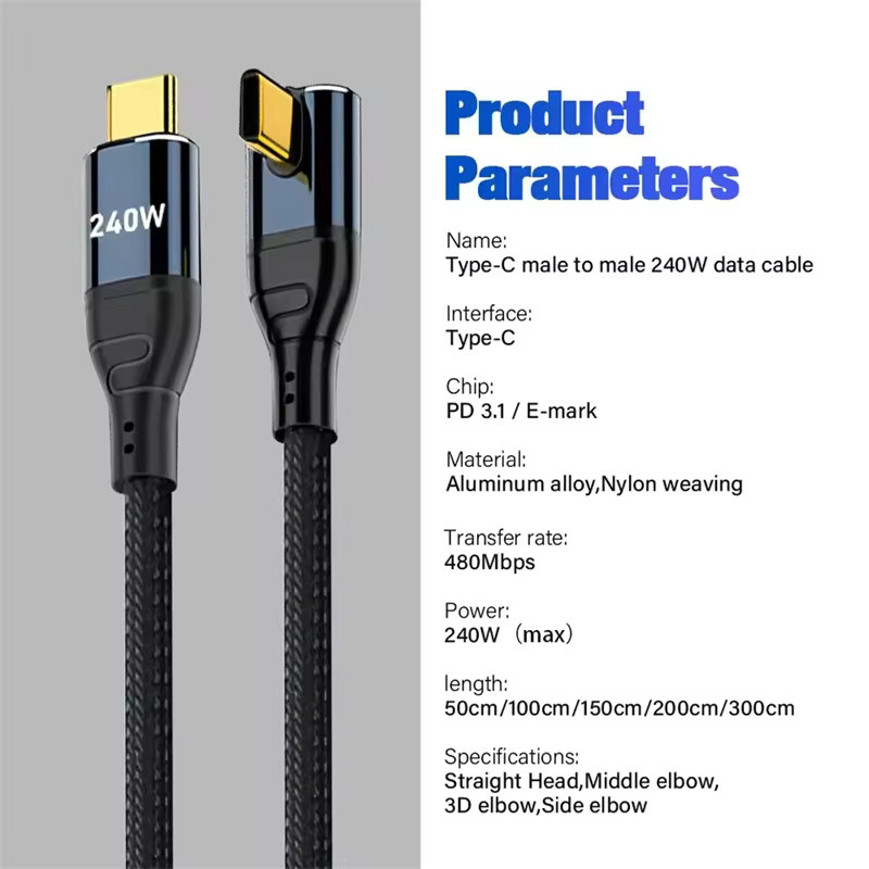 OUIO USB Typ C Schnellladekabel mit 90-Grad-Winkel, 240 W PD3.1 Datenladekabel für iPhone, MacBook Pro, Samsung und Xiaomi, Farbe: Schwarz - Bild 6
