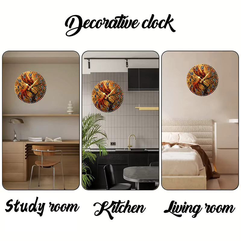 Phoenix Tree Holz-Wanduhr rund mit floralem Design, geräuschlos, analog, mehrfarbig - Bild 5