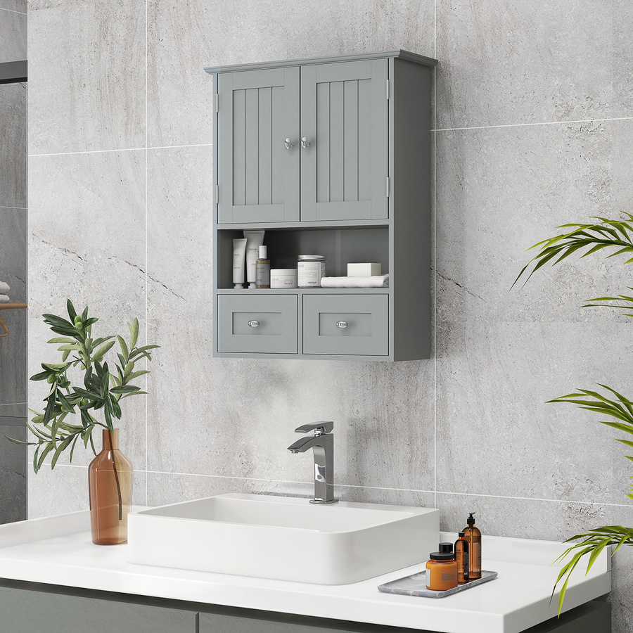 Aosom Badezimmer-Wandschrank in Grau mit Doppeltüren, offenem Fach und 2 Schubladen, H x B x T: 66 x 50,8 x 17,8 cm - Bild 2