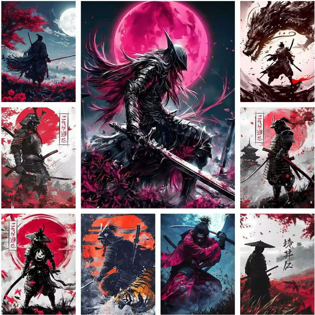 Potdemiel 5D DIY Diamantkunst Japanischer Samurai-Krieger Stickerei Set mit Vollrund-Bohrer für deine Wohnzimmer-Dekoration - Bild 1