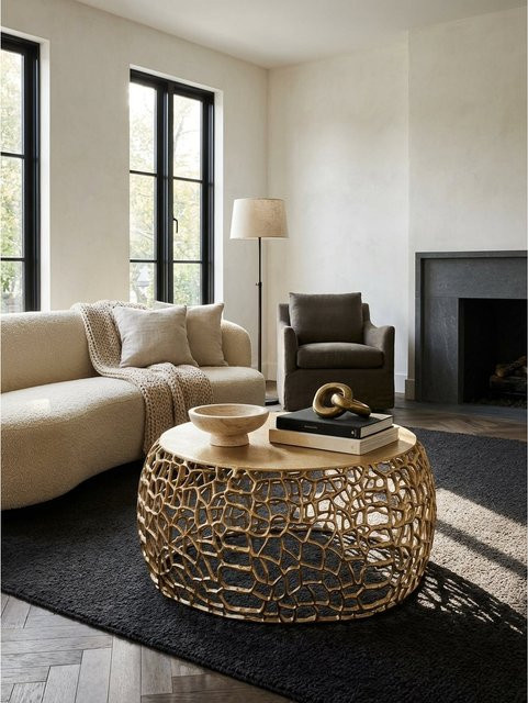 KADIMA DESIGN Couchtisch aus Aluminium rund mit Ast-Struktur in Gold, Durchmesser: 66 cm, Höhe: 30 cm - Bild 1