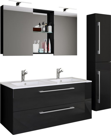 VCM Badmöbel Set Budasi SC 4-tlg. Doppel-Waschplatz mit 2x Keramik-Waschtisch, Unterschrank, Hochschrank und Spiegelschrank