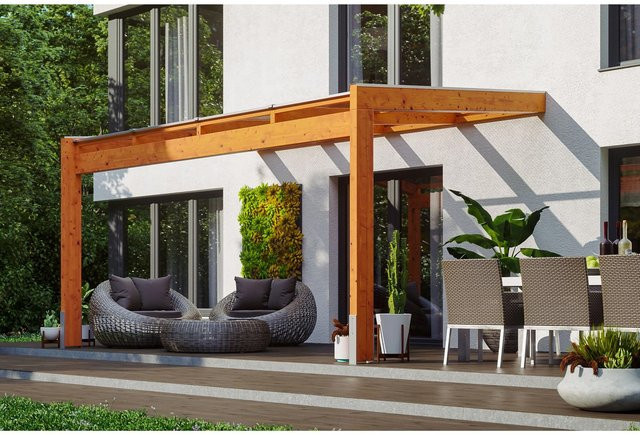 Skan Holz Terrassenüberdachung Novara aus Eiche hell mit Polycarbonat-Dach B/T: 450 x 309 cm - Bild 1