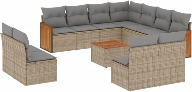 vidaXL 12-tlg. Garten-Sofagarnitur in L-Form aus Poly-Rattan und Akazienholz mit Kissen in Beige - Bild 1