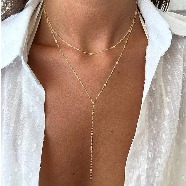 Meaeguet Lariat-Halskette, Edelstahl, vergoldet, Tropfen-Anhänger, Damen - Bild 1
