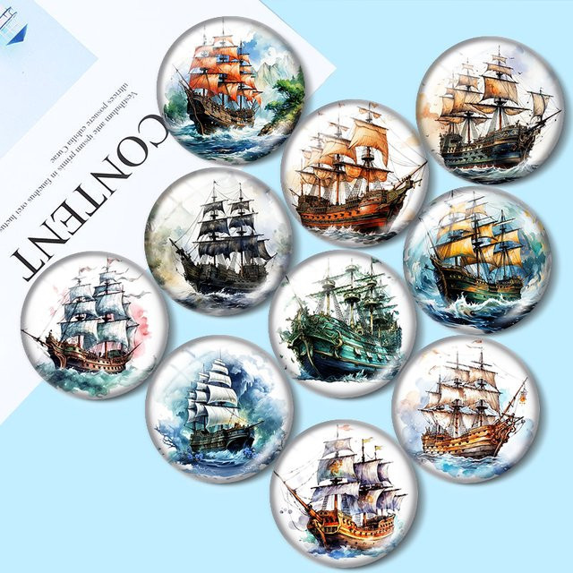 Foto-Glas-Cabochon Aquarell-Piratenschiff, 10 Stück, 12 mm bis 25 mm - Bild 1