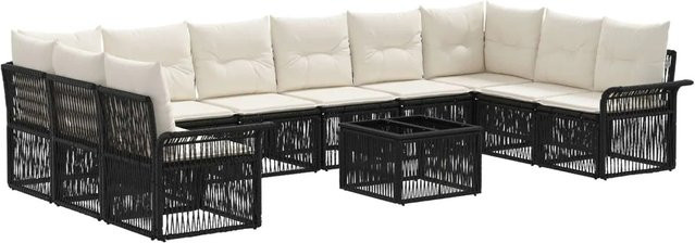 vidaXL Gartensofa-Set 11-tlg. in Schwarz mit Poly-Rattan, Eckelementen, Ottomane und Couchtisch, wetterfest mit Polsterung und Kissen - Bild 1
