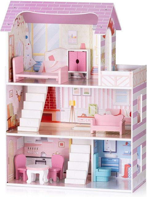 Chipolino Holz-Puppenhaus 7-teilig in Pink mit Balkon, Stühlen, Tisch, Bett, Sofa und Schrank - Bild 1
