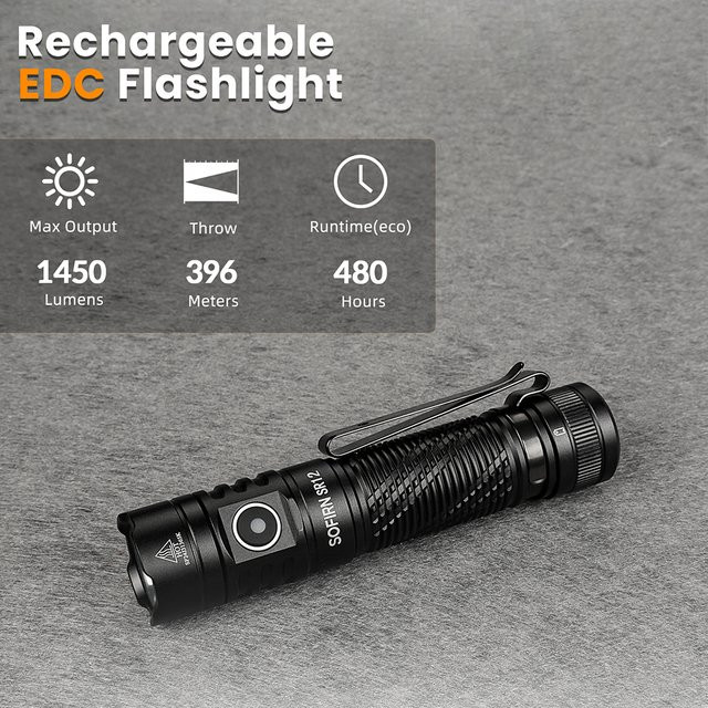 Sofirn SR12 EDC-Taschenlampe mit 1450 Lumen, SFT25R LED, USB-C wiederaufladbar, IP68 wasserdicht, Schwarz - Bild 1