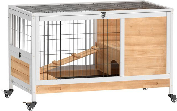 PawHut Kaninchenstall aus Holz in Gelb mit 2 Etagen, Klappdach, Rampen und ausziehbarem Tablett, B/T/H: 90 x 53 x 59 cm