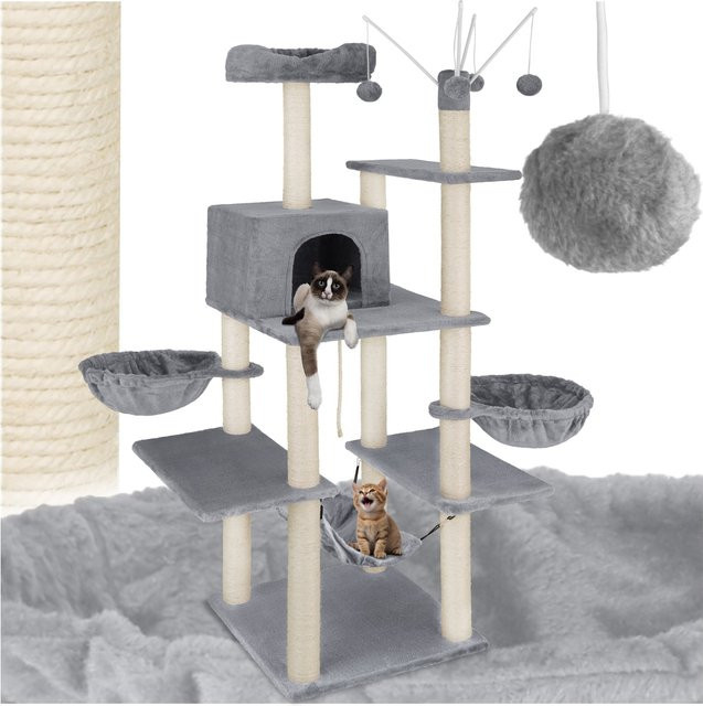 tectake Kratzbaum Lilou Grau mit Katzenhaus, Spielzeug und Hängematte, H x B x T: 165 x 120 x 61 cm - Bild 1