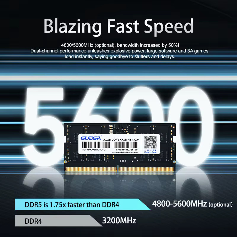 GUDGA DDR5 SODIMM RAM Arbeitsspeicher für Notebook, Laptop und MiniPC, 4800MHz oder 5600MHz, 8GB, 16GB oder 32GB, Farbe: Schwarz - Bild 2