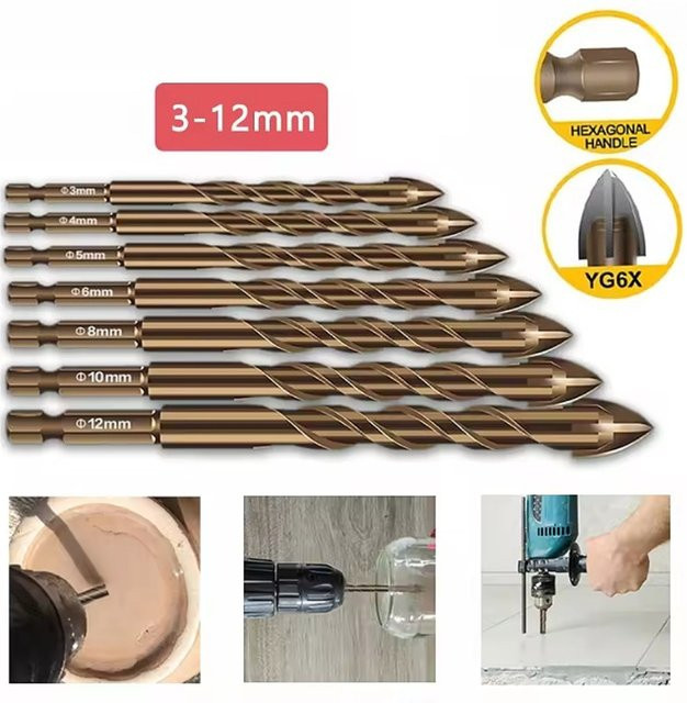 EQZ Kreuz-Sechskant-Fliesenbits aus Legierung für Glas, Keramik und Beton, Lochöffner mit Dreieck-Profil, Durchmesser: 3 mm, 4 mm, 5 mm, 6 mm, 7 mm, 8 mm, 10 mm, 12 mm - Bild 1