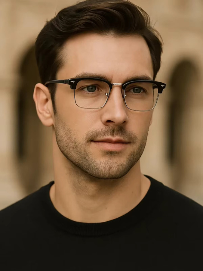 Korrektionsbrille Halbrand, quadratisch, Metall, schwarz, Blaulichtfilter - Bild 4