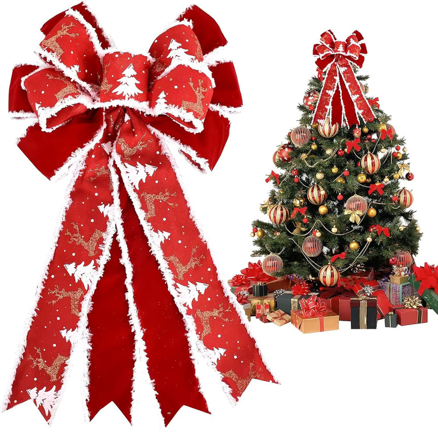 Rote Weihnachtsschleife mit Schneeflocken als Baumaufsatz und Dekoration für die Haustür oder Geschenkverpackungen - Bild 2