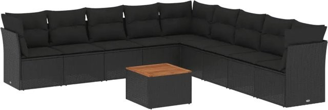 vidaXL 10-teilige Garten-Sofagarnitur in L-Form aus Polyrattan und Akazienholz mit Kissen in Schwarz - Bild 1