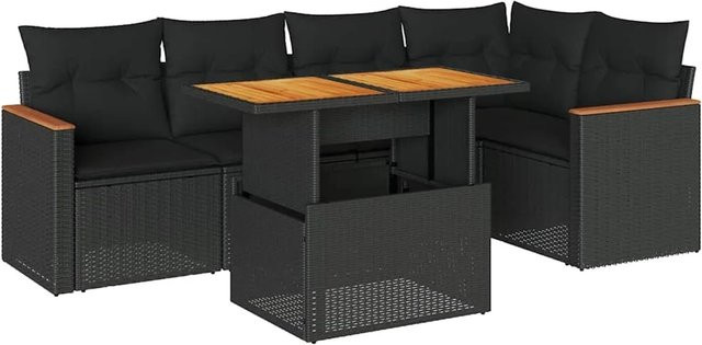 vidaXL 6-tlg. Garten-Sofagarnitur in L-Form aus Poly-Rattan und Akazienholz mit Kissen in Schwarz - Bild 1