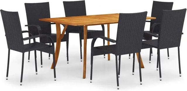 vidaXL 7-teilige Garten-Essgruppe aus Akazien-Massivholz und PE-Rattan in Schwarz - Bild 1