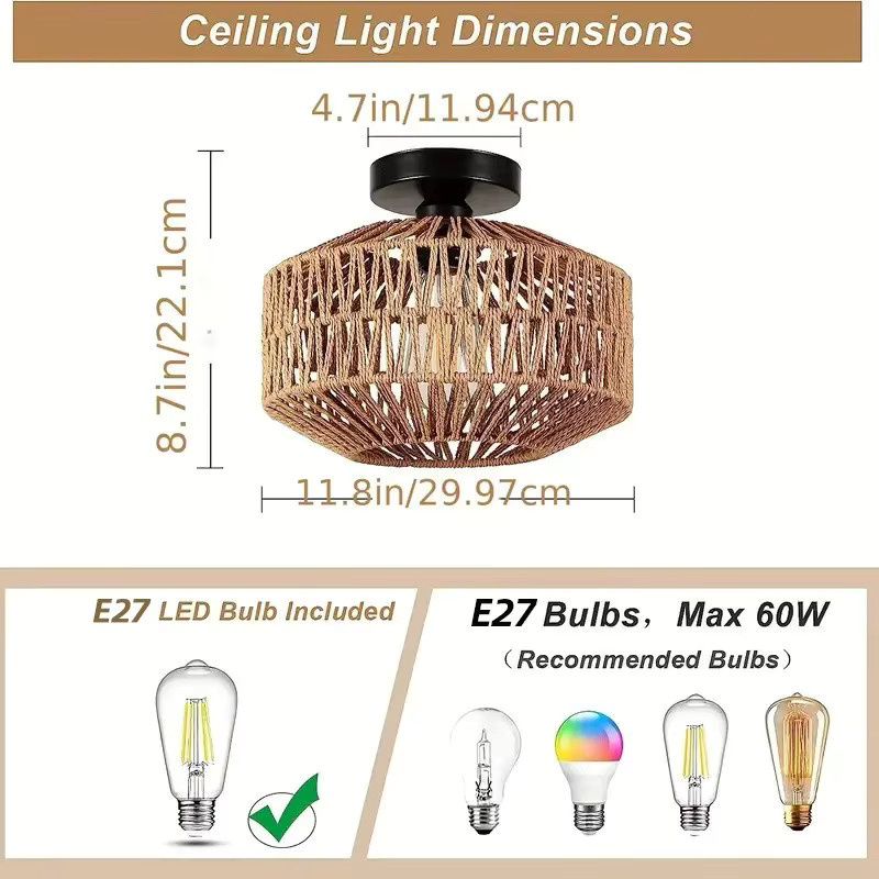 IRALAN Retro Pendelleuchte aus Bambus und Rattan in Braun, handgewebter Lampenschirm in runder Form für E27 LED, Durchmesser: 30 cm - Bild 6
