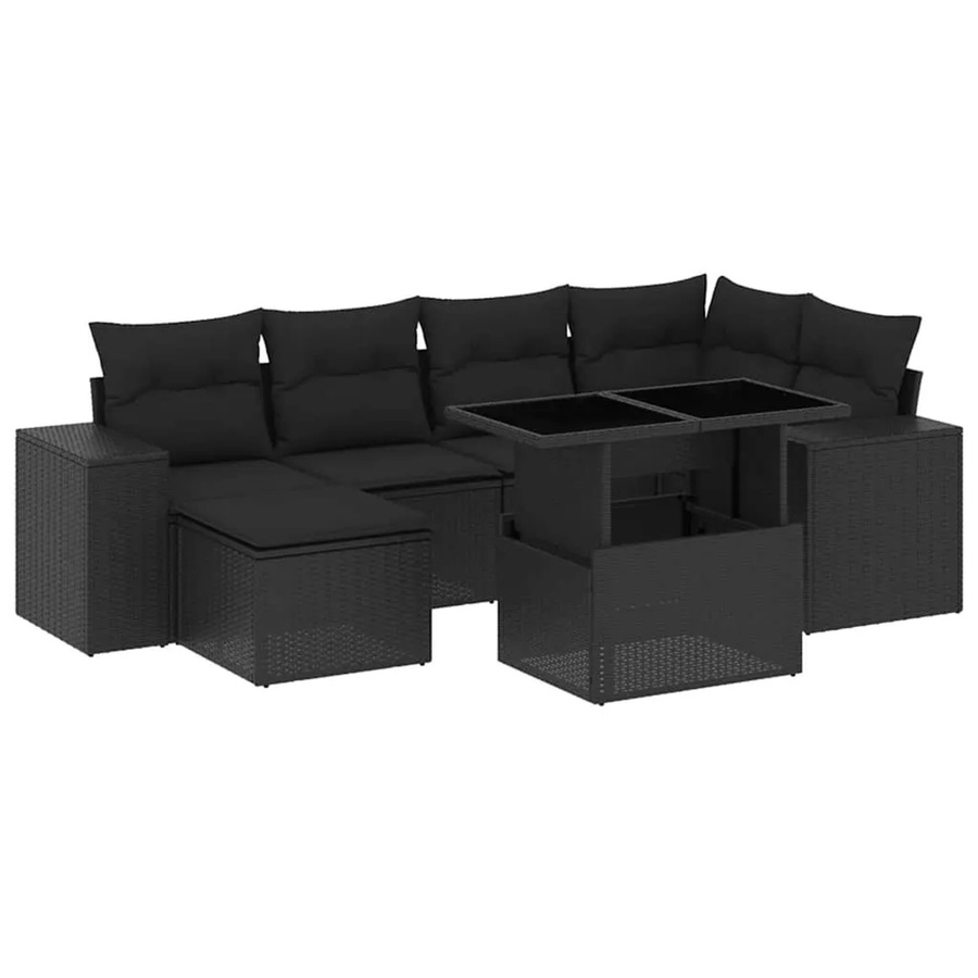 vidaXL 7-teilige Garten-Sofagarnitur in L-Form aus schwarzem Poly-Rattan mit UV-beständigen Kissen und pulverbeschichtetem Stahlgestell - Bild 2