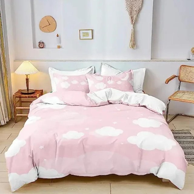 Regenbogen Doppelbettbezug Set mit Kissenbezügen in Rosa und Gelb mit Stern-Motiv, B/H: 173 x 218 cm - Bild 1