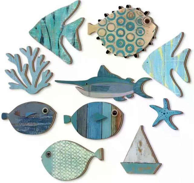JETTING 10er Set Wanddekoration aus Holz in Blau und Braun im maritimen Fisch-Design für Badezimmer und Wohnraum - Bild 1