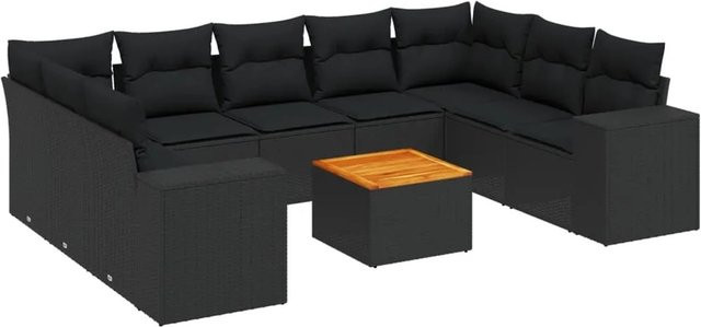 vidaXL 10-tlg Garten-Sofagarnitur aus Polyrattan in Schwarz mit Kissen und Couchtisch, L-Form Lounge-Set für Terrasse und Garten - Bild 1