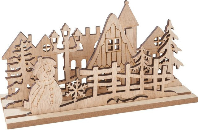 VBS Holz-Steckmotiv Dorf mit Schneemann in Beige für die Winterdekoration, B/H: 10,5 x 10,5 cm - Bild 1