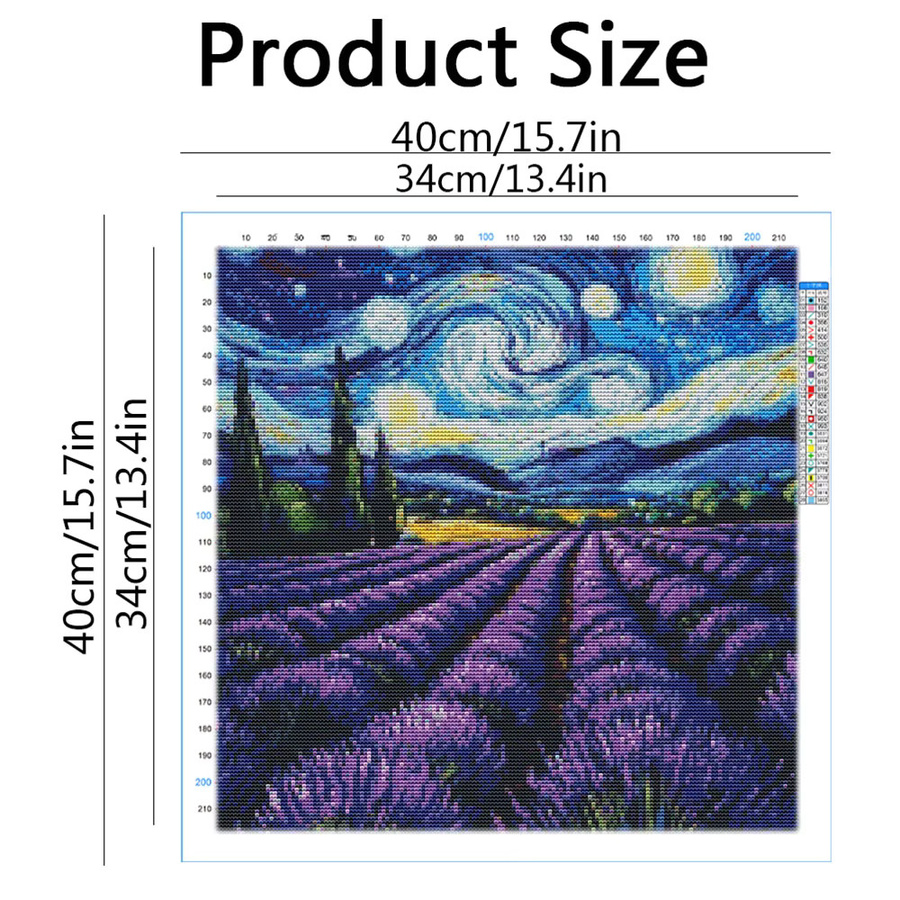 HUACAN Kreuzstich-Set Lavendel Landschaft mit Sternenhimmel, Stickerei-Set mit DMC-Fäden, 11 Karat, Farbe: Lila, B/T/H: 30 x 30 x 30 cm - Bild 2