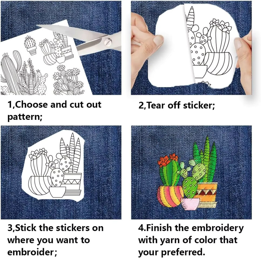 48-teiliges Kaktus-Stickerei-Set mit wasserlöslichem Stabilisator und selbstklebendem Stickmusterpapier - Bild 2